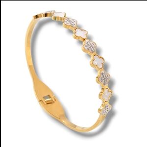 NWOT Eye Candy LA Mother of Pearl & CZ Clovers Gold-tone Bangle Bracelet